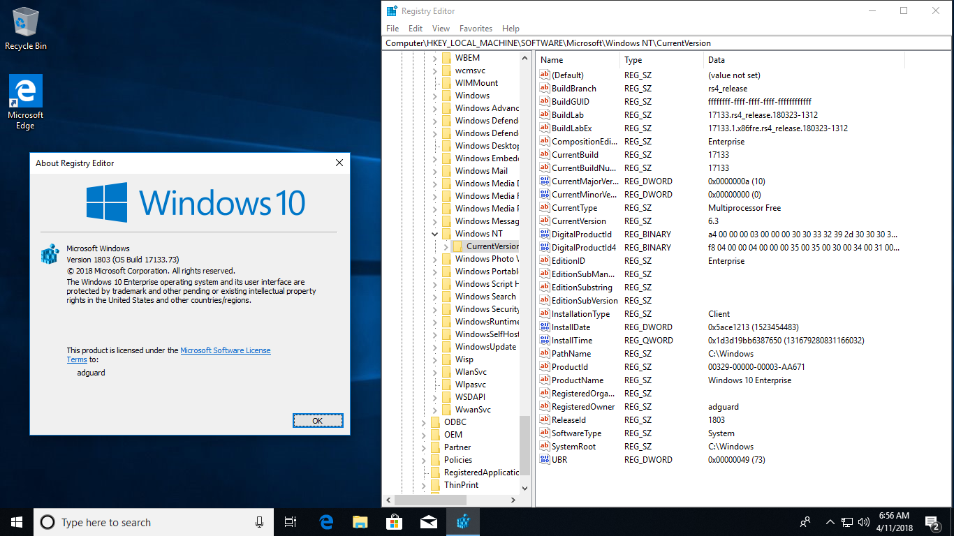 Встроенный windows. Windows 10 1803. Виндовс 10 версия 1803. Regedit Windows 10. Windows 10 Registry Editor.